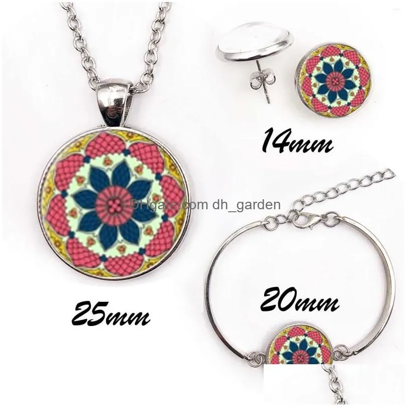 necklace earrings set trendy mandala datura flower art po bracelet stud silver religious buddhism jewelry