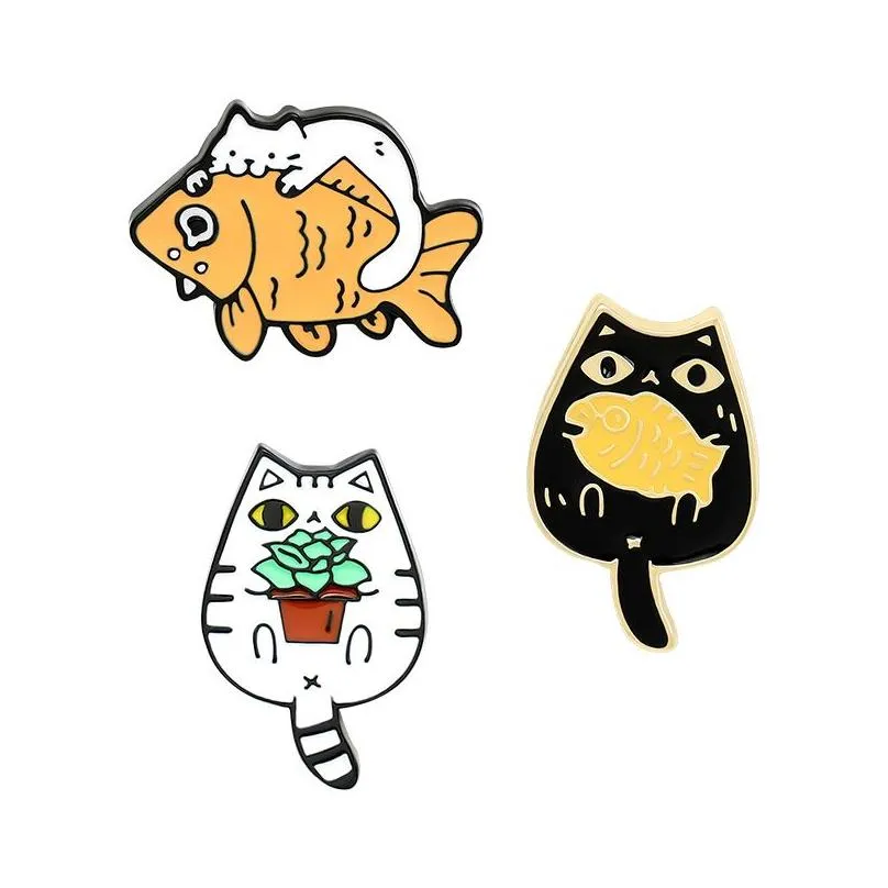 Brooches Pin Cartoon Cat Fish Cute Cartoon For Women Funny Fashion Dress Coat Shirt Demin Metal Badges Pin Backpack Gift Jewelry