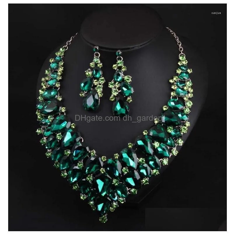 necklace earrings set big luxury green water drop crystal for women bridal dubai african women`s jewellery gift