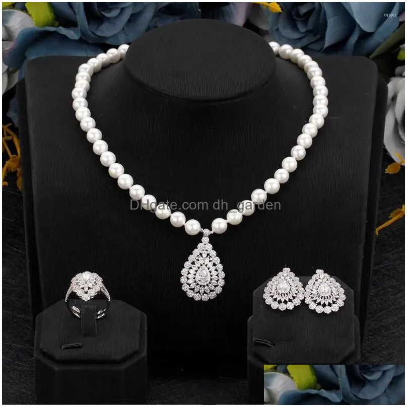 necklace earrings set tirim luxury pearl women`s jewelry cubic zirconia dubai elegant earring ring bridal jewellry accessories fashion