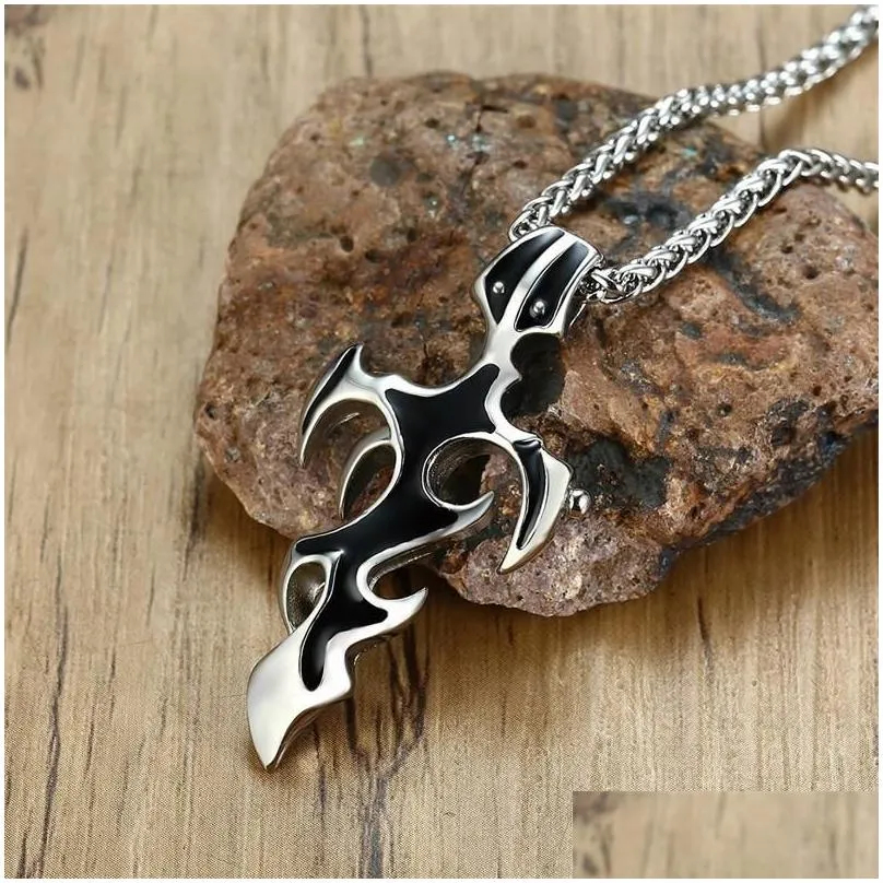 pendant necklaces mens vintage tribal fire cross charm stainless steel punk necklace men jewelry with 24 inchpendant