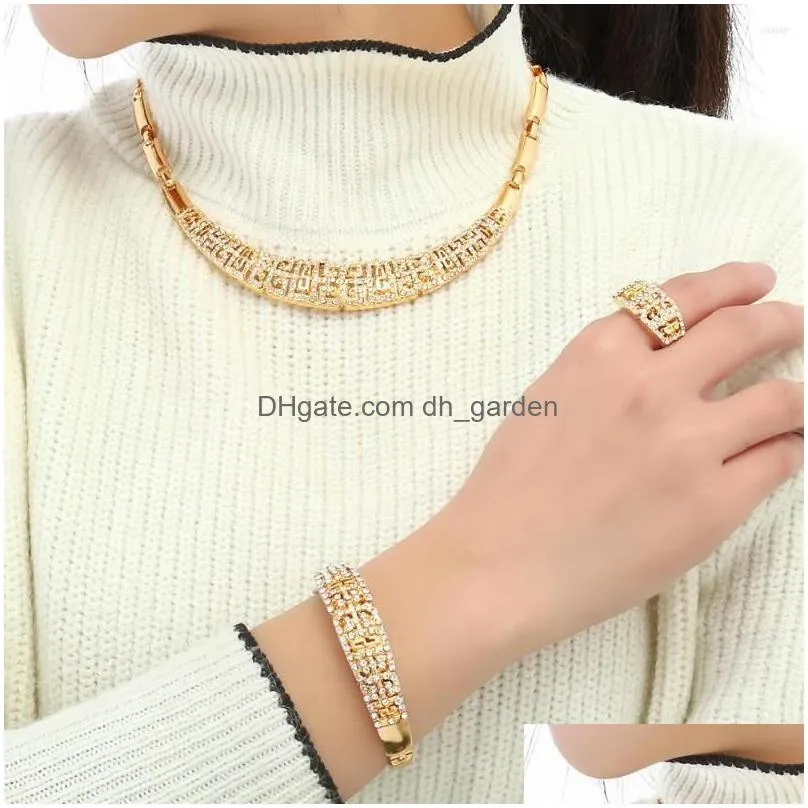 necklace earrings set 4pcs/set fashion gold dubai jewelry crystal ring bracelet party