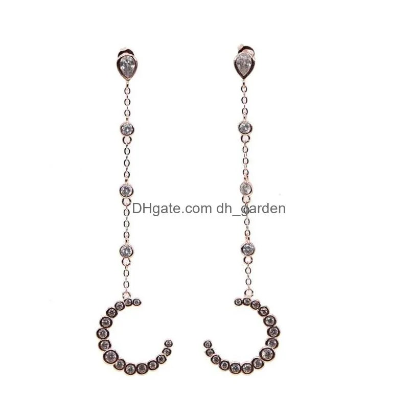 stud earrings 3 colors cubic zirconia cz crescent moon horn pendant charm bezel long chain tassel stunning fashion earring