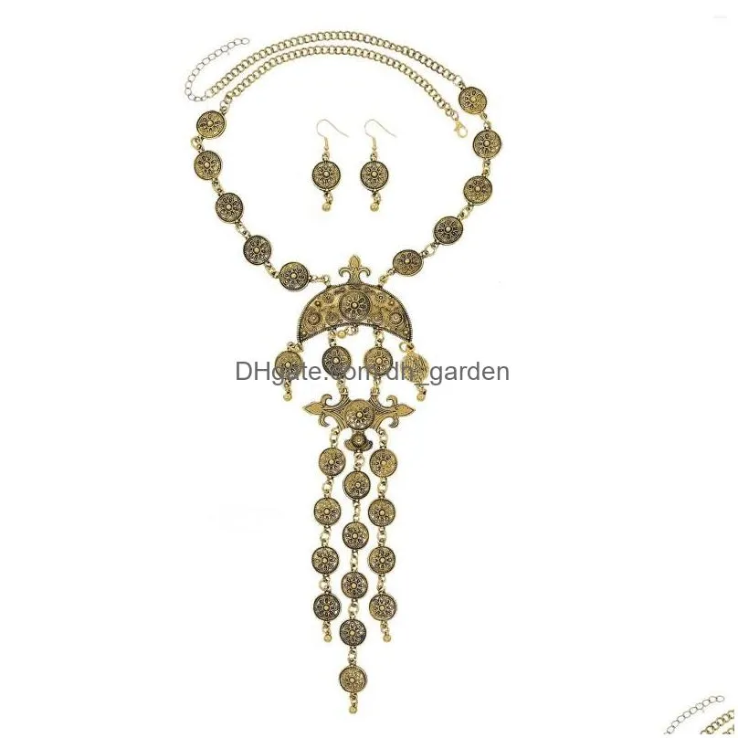 necklace earrings set ethnic moon carved choker boho coins long tassel sweater chain afghan pakistan india traditional
