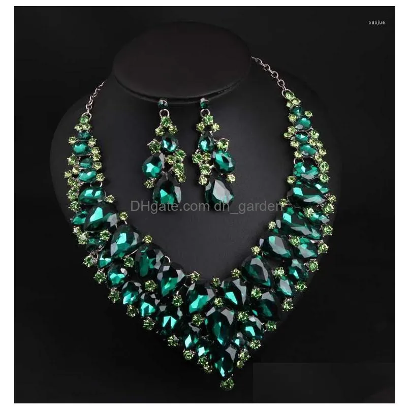 necklace earrings set big luxury green water drop crystal for women bridal dubai african women`s jewellery gift