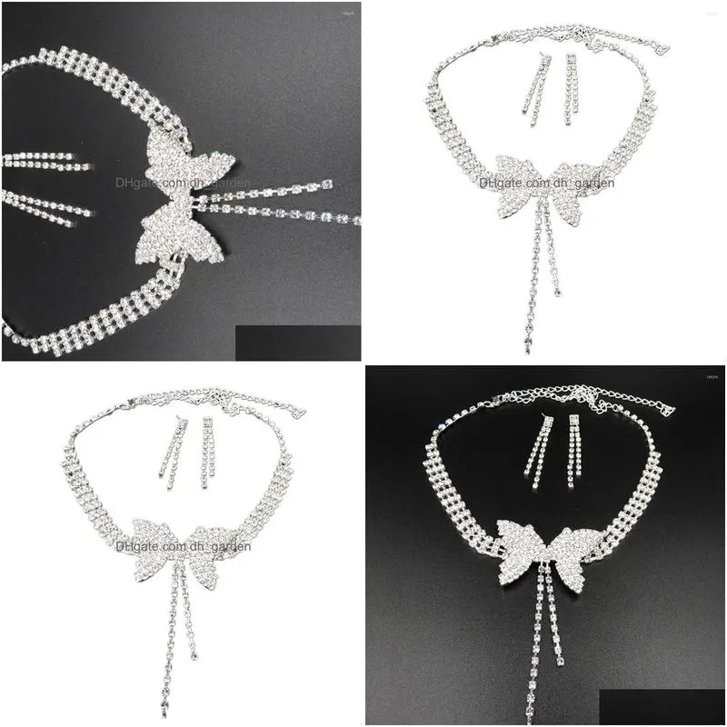 necklace earrings set women fashion elegance full rhinestone butterfly long pendant stud jewelry for wedding party dating