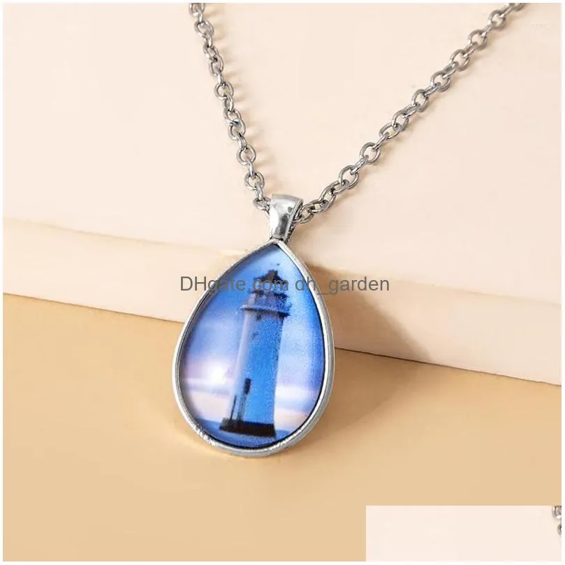 pendant necklaces fashion lighthouse water drop necklace vintage tower teardrop glass for women jewelry accessories