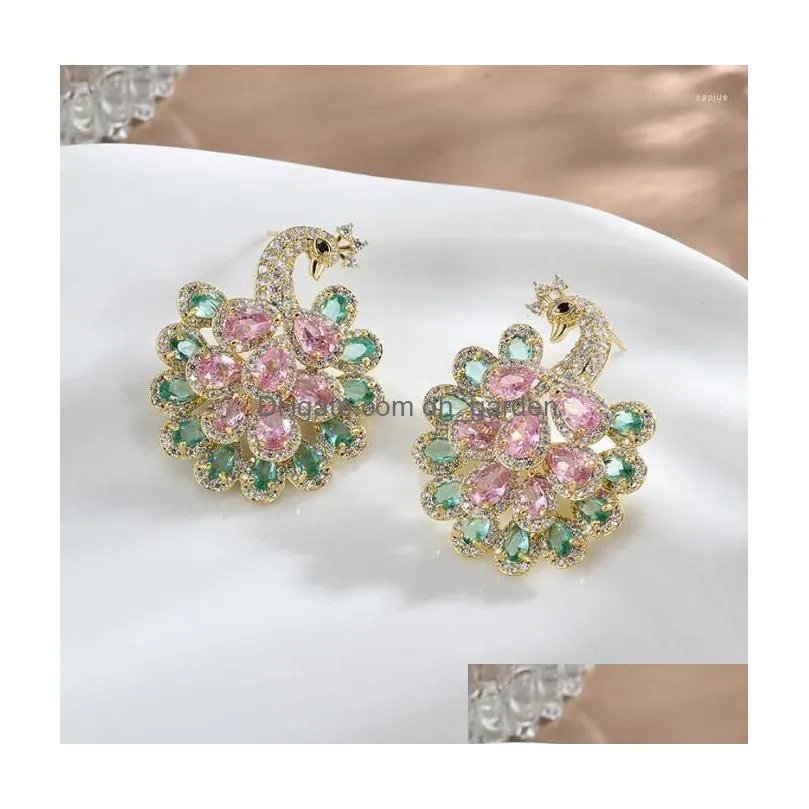 stud earrings retro fashion luxury zircon colorful peacock personality trend animals women jewelry