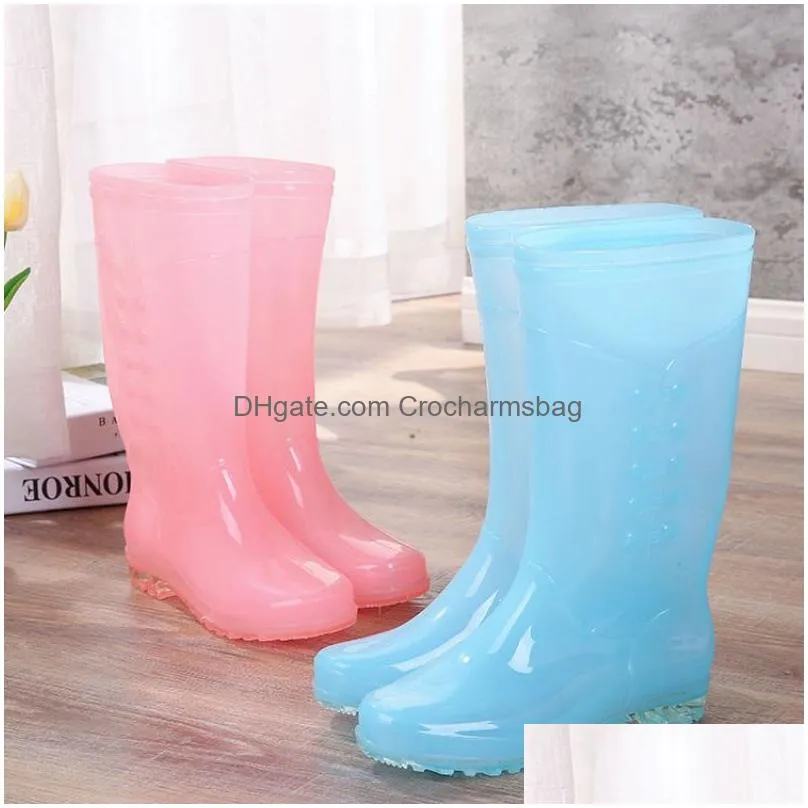 Pofulove High Tube Rain Boots Women PVC Waterproof Work Water Shoes for Girls Candy Color Fashion Slip on Knee High Jelly Botas