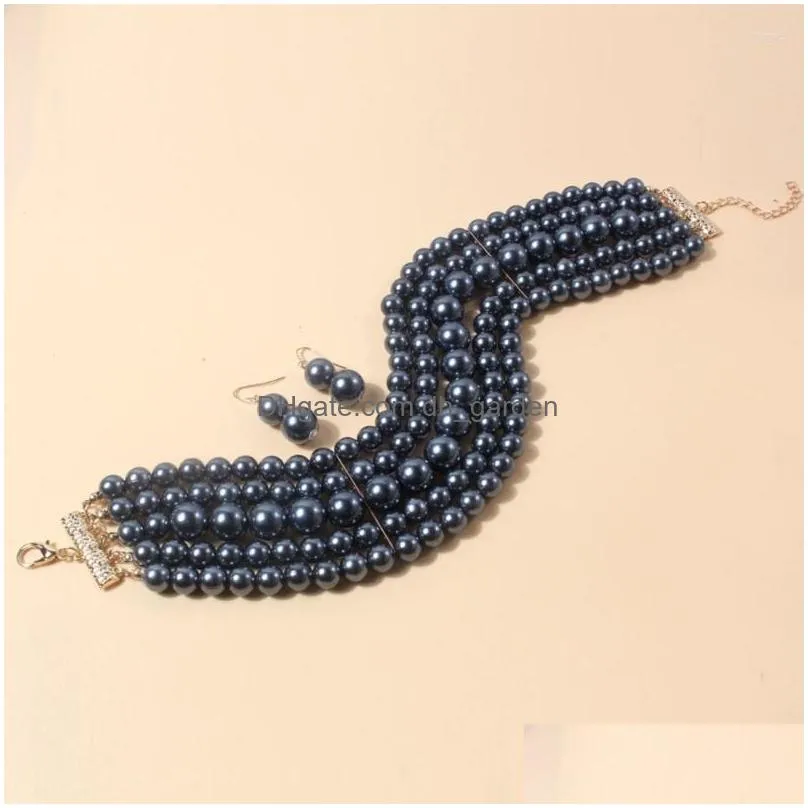 necklace earrings set faux pearl choker and dangle multi-layer women jewelry elegant collar