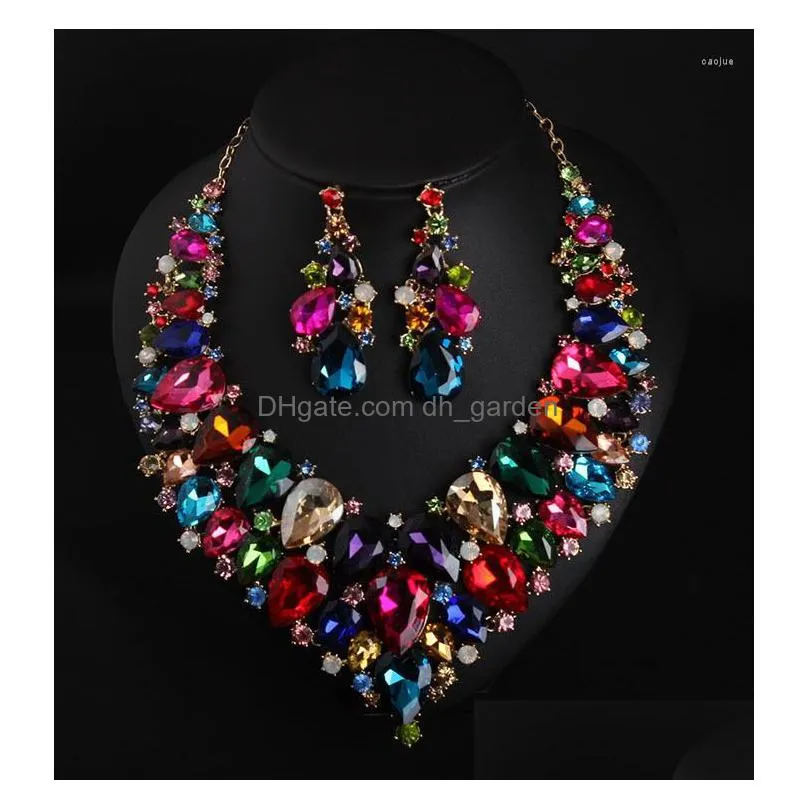 necklace earrings set big luxury green water drop crystal for women bridal dubai african women`s jewellery gift