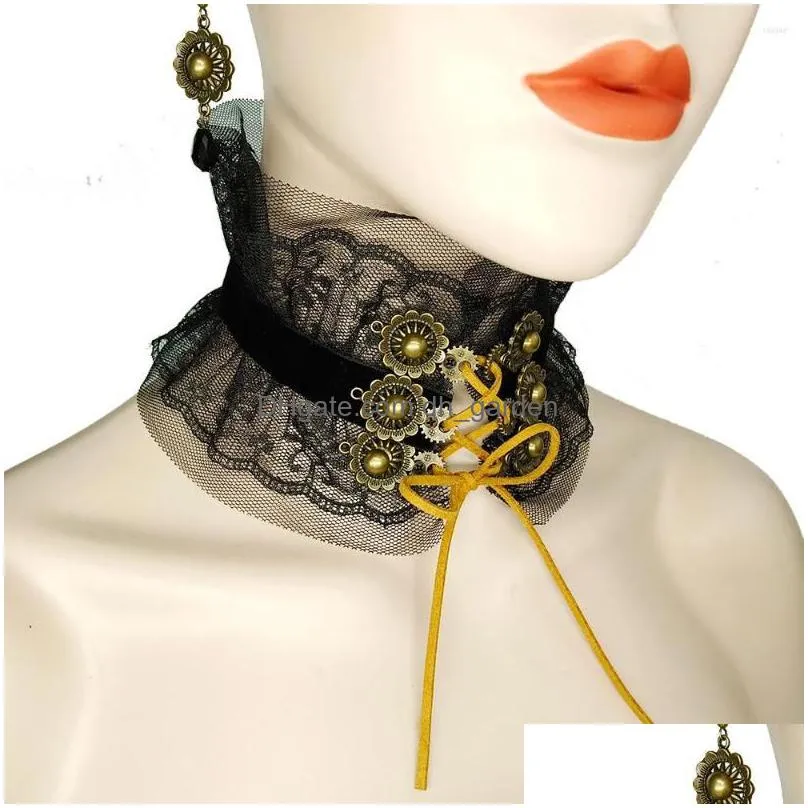 necklace earrings set vintage bronze gears cord tied black lace steampunk top choker earring