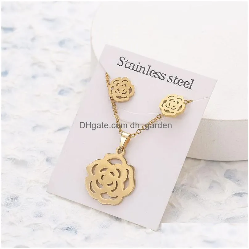 necklace earrings set animal flower butterfly stainless steel pendant sets for women gold color chain jewelry gifts