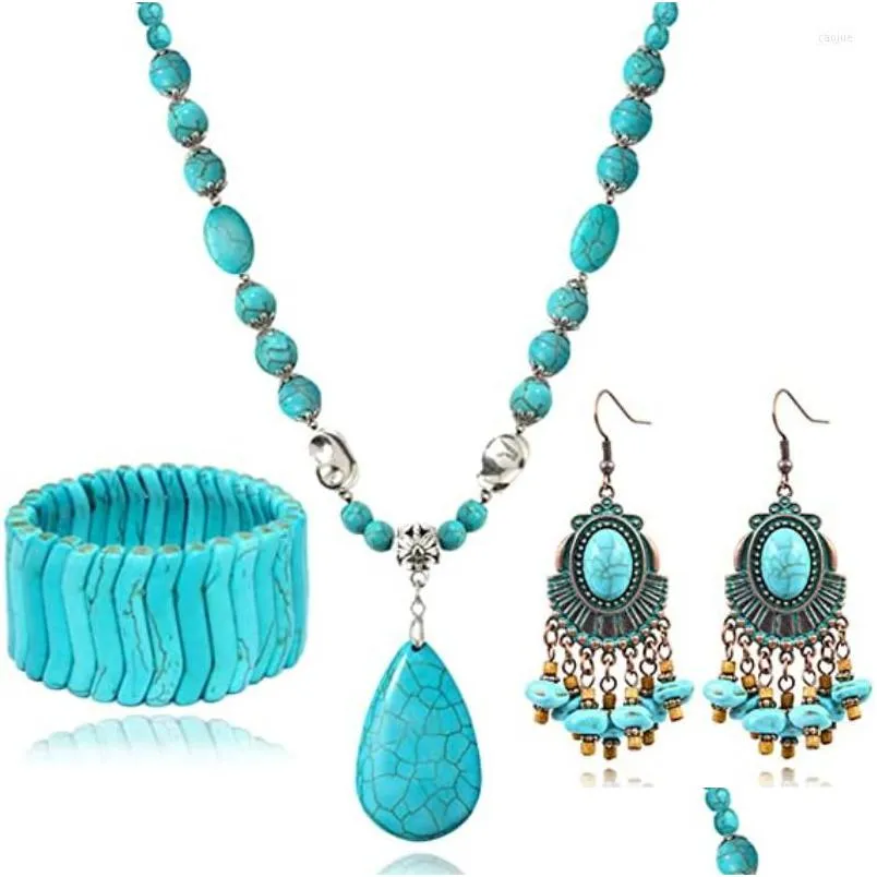 necklace earrings set 4 pieces bohemian turquoise jewelry for women western pendant dangle stretchable bracelet dubai