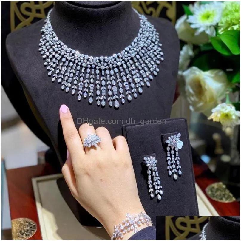 necklace earrings set wedding luxury cubic zirconia tassel bride drop bracelet and ring 4pcs dubai full jewelry for bridal