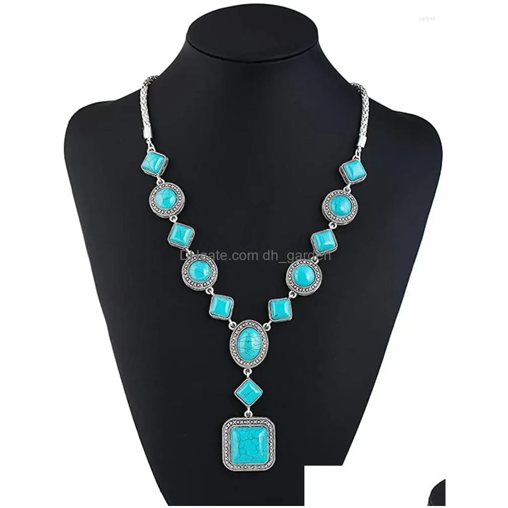 necklace earrings set 4 pieces bohemian turquoise jewelry for women western pendant dangle stretchable bracelet dubai