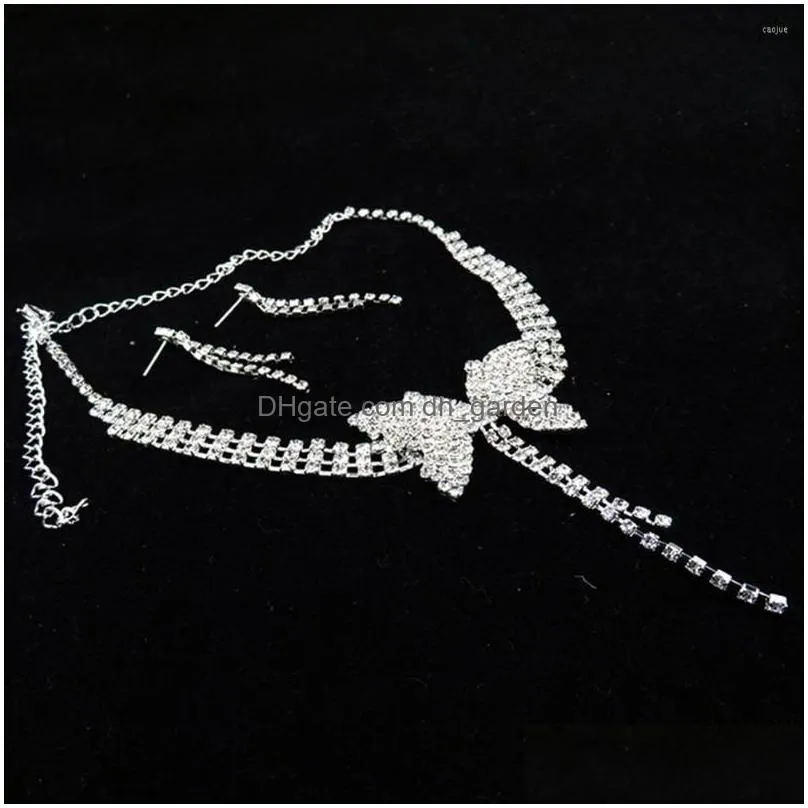 necklace earrings set women fashion elegance full rhinestone butterfly long pendant stud jewelry for wedding party dating