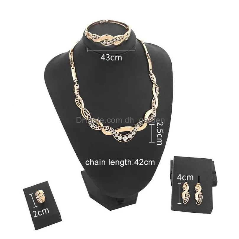 necklace earrings set 4pcs/set fashion gold dubai jewelry crystal ring bracelet party