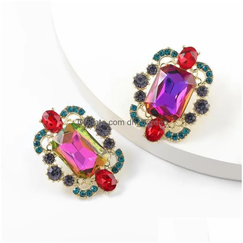 stud fashion metal square glass rhinestone flower earrings women`s creative banquet jewelry accessoriesstud