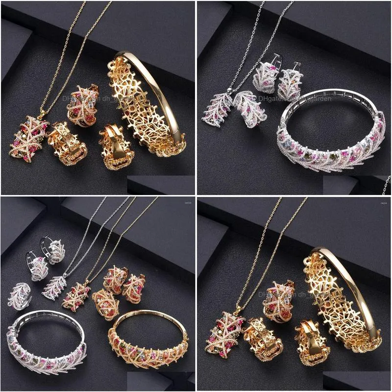 necklace earrings set luxury cubic zirconia bracelet and ring 4pcs dubai full jewelry for women bridal dress dinner