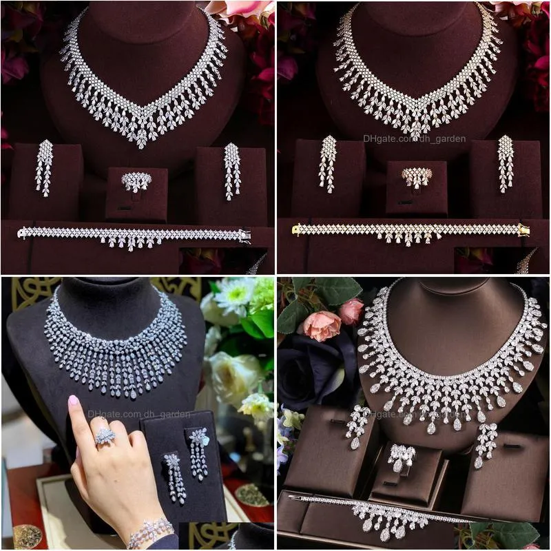 necklace earrings set wedding luxury cubic zirconia tassel bride drop bracelet and ring 4pcs dubai full jewelry for bridal