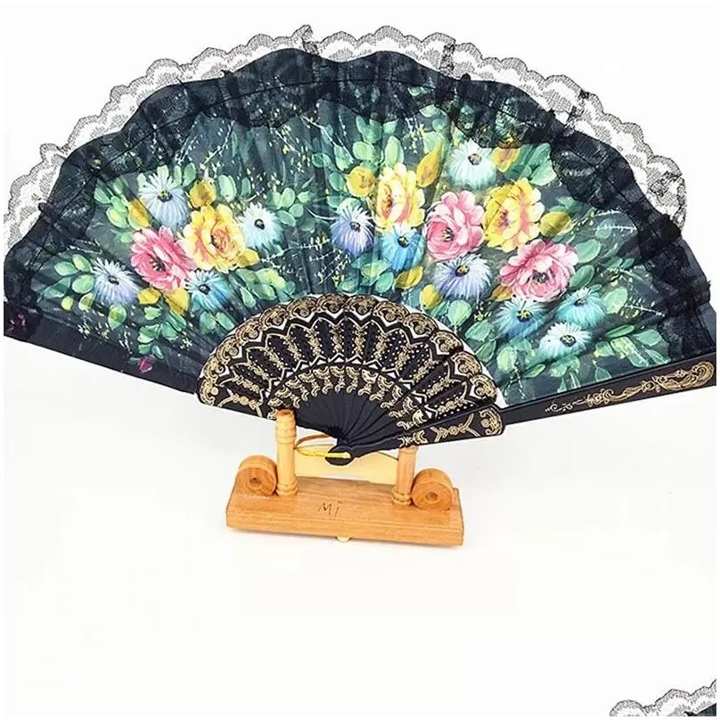 high-end floral folding hand fan flowers pattern lace fan for wedding dancing church party gifts party favor craft spanish flower fans