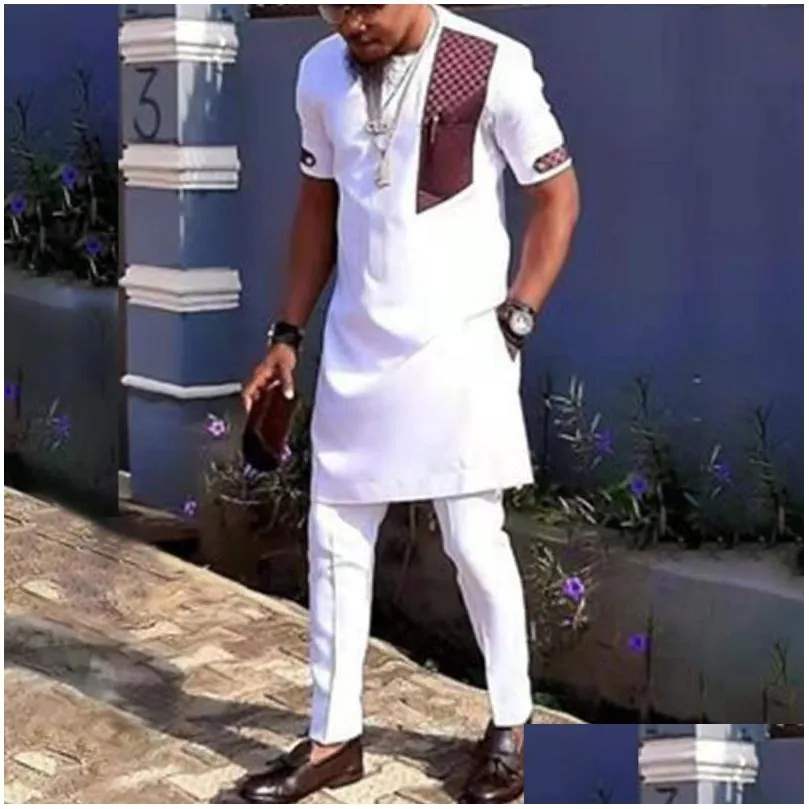 mens tracksuits africa dashiki men suits 2 piece set round neck stitching short-sleeved ethnic style casual m-4xl mens clothing o-neck