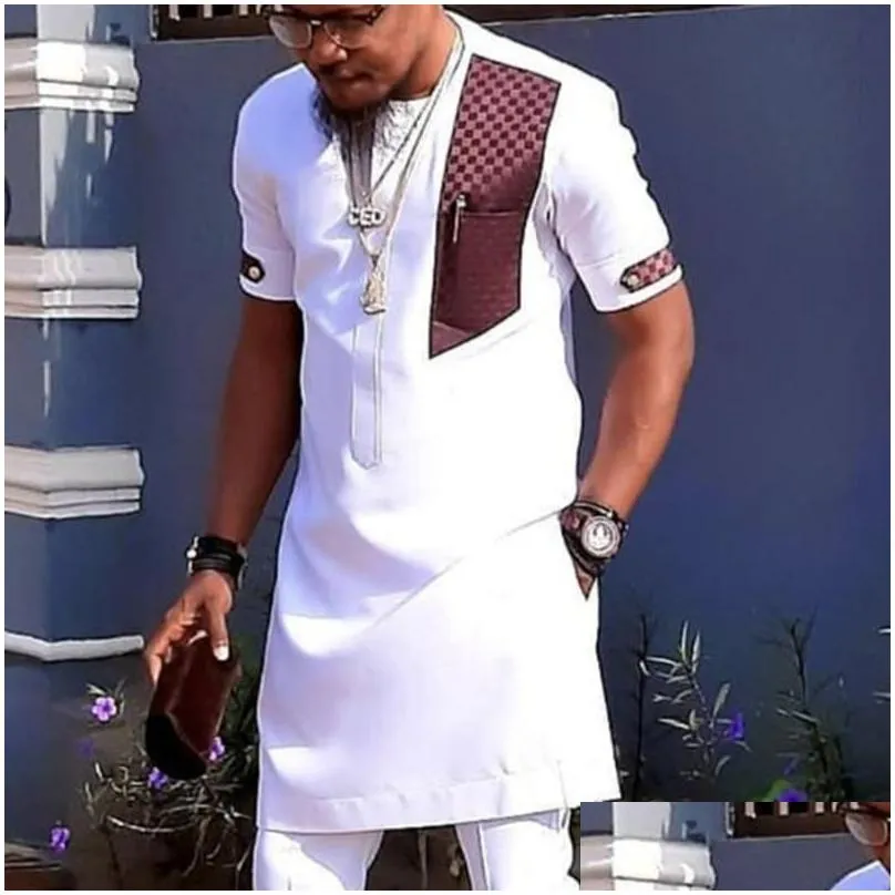 mens tracksuits africa dashiki men suits 2 piece set round neck stitching short-sleeved ethnic style casual m-4xl mens clothing o-neck