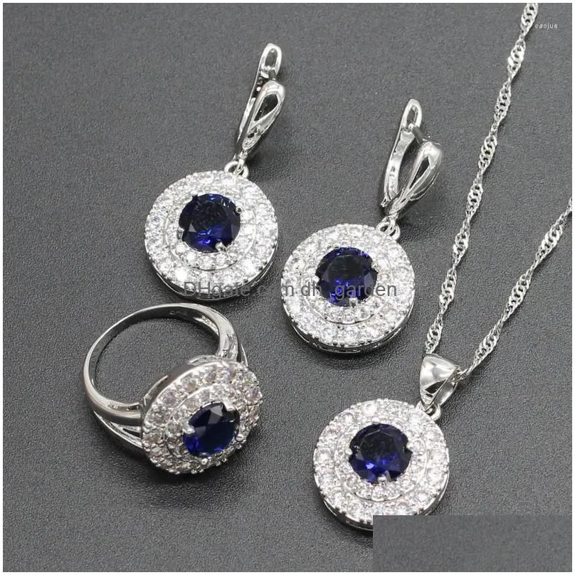 necklace earrings set 925 silver for women dark blue semi-precious pendant bracelet ring dangle