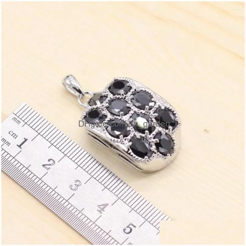 necklace earrings set 925 silver bridal for women black cubic zirconia pendant stud rings sets