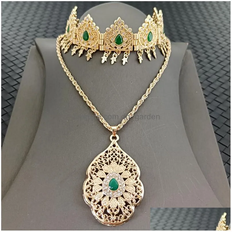 necklace earrings set moroccan wedding jewelry bridal hair gold plated pendant hollow flower design gift for women