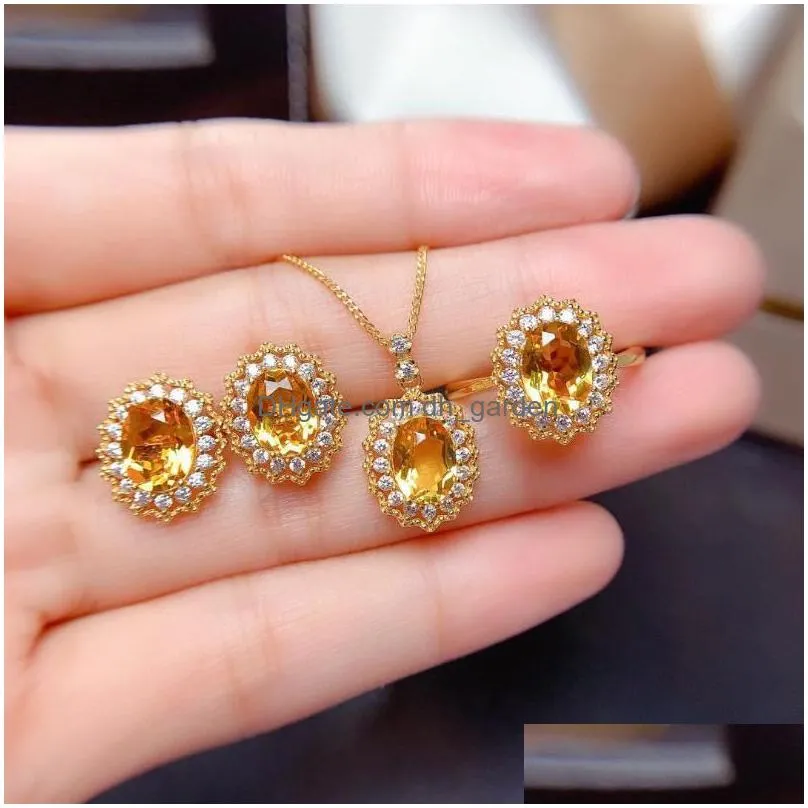 necklace earrings set charm female synthetic topaz crystal lab diamond pendant earring ring sets for women party fine chain gift