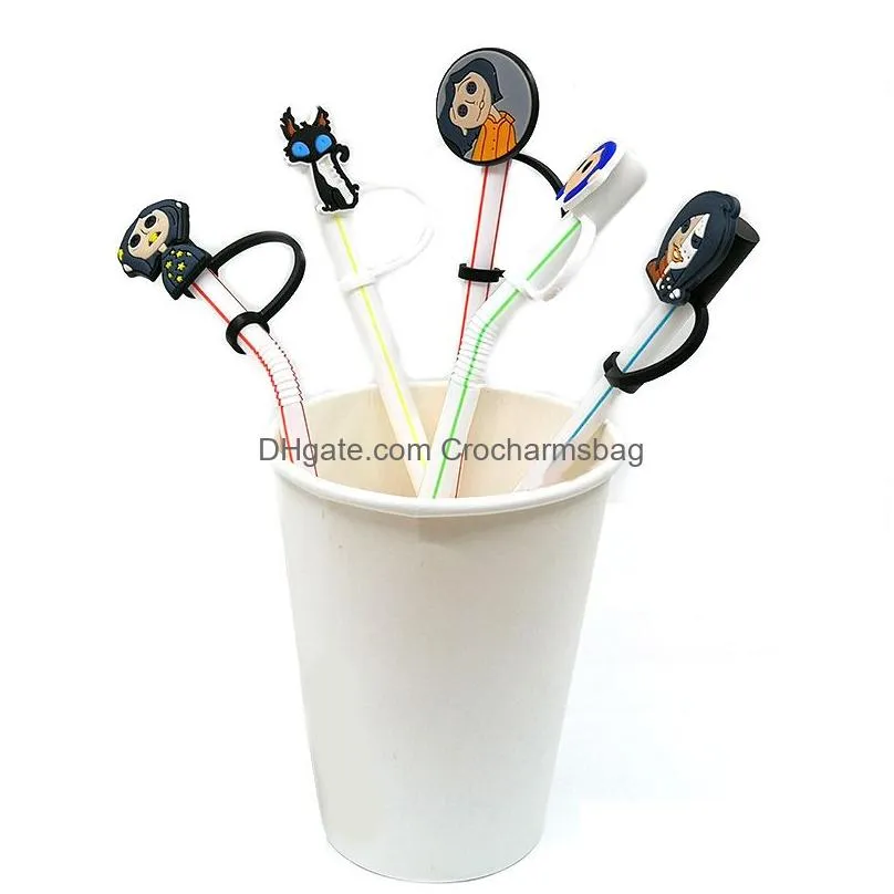 Custom Coraline & the Secret Door soft silicone straw toppers accessories cover charms Reusable Splash Proof drinking dust plug decorative 8mm straw party