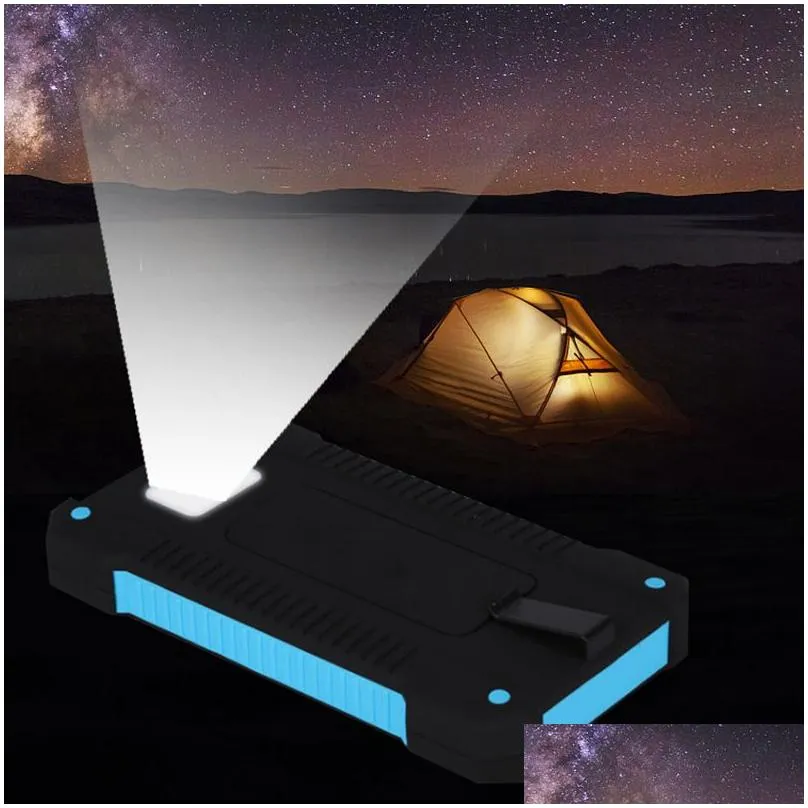 20000mah solar power bank highlight led 2a output cell phone portable  and camping lamp for outdoor charging