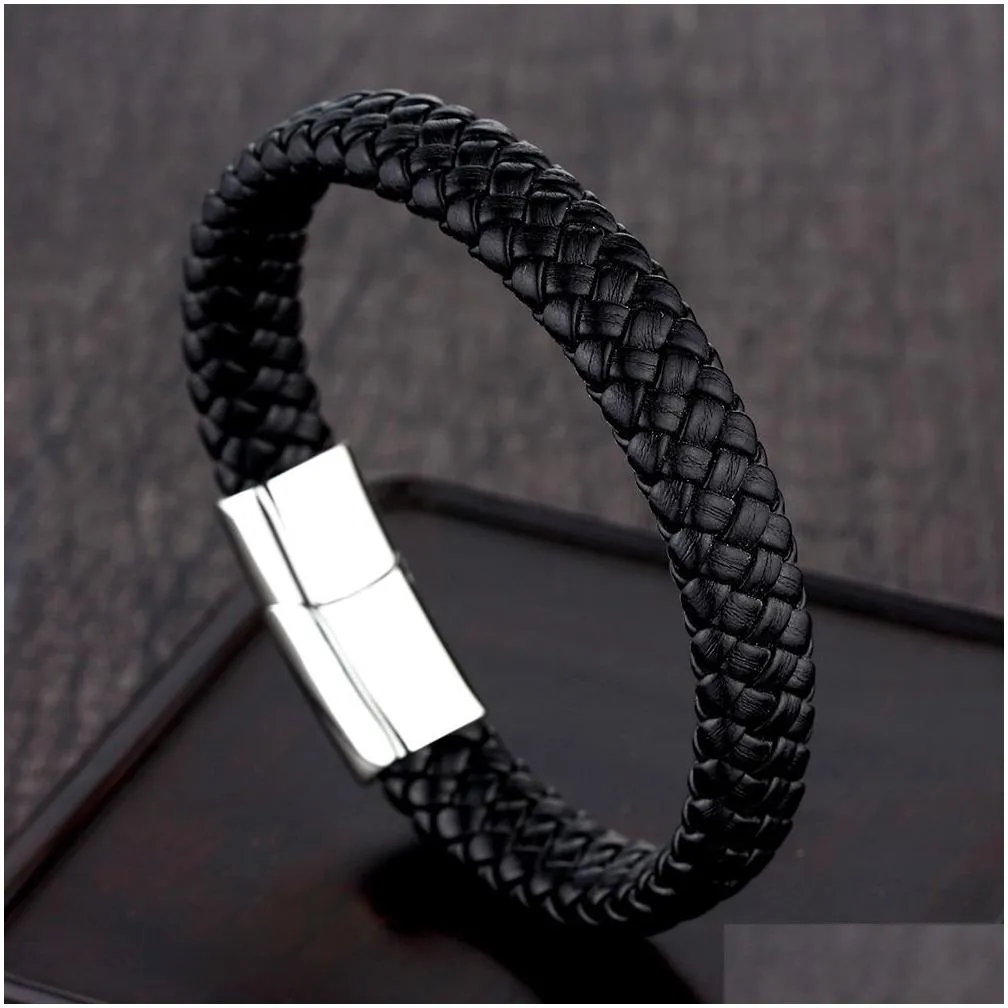 top quality black genuine leather braided bracelets men`s stainless steel magnetic clasp bangle for women s punk jewelry gift