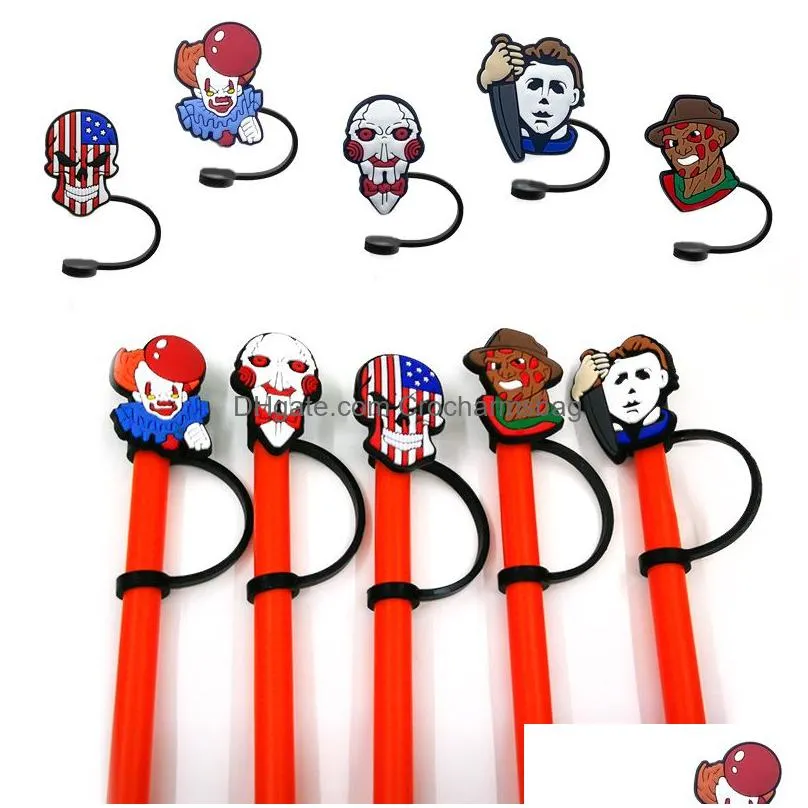 Fast DHL halloween horrible movie tumbler straw topper silicone mold cover charms Splash Proof drinking dust plug decorative 8mm straw Environmental