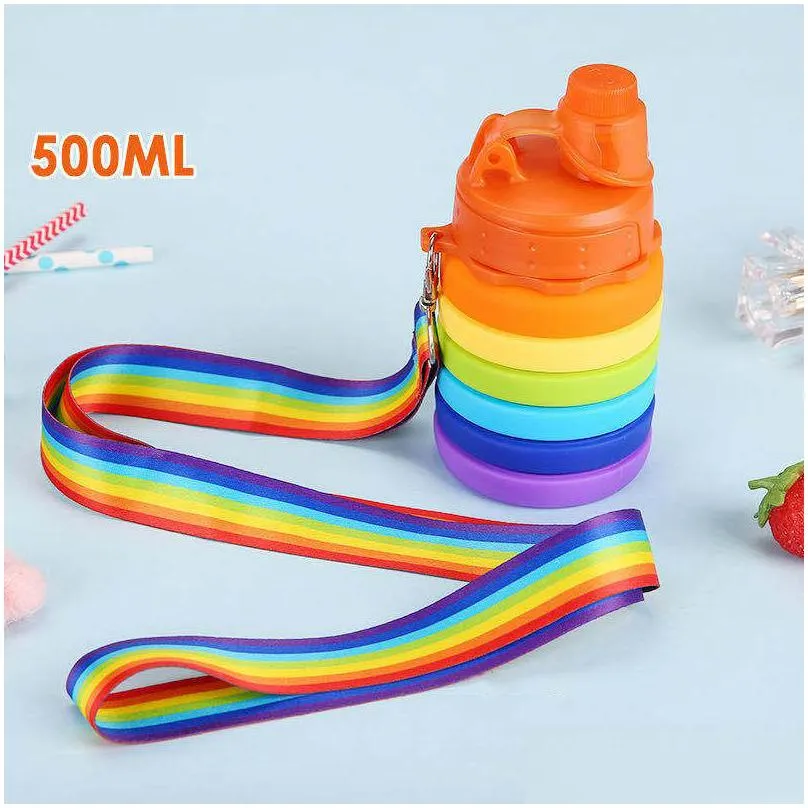 rainbow silicone folding water bottle outdoor portable camouflage telescopic cup sports kettle mountaineering camping equipment with