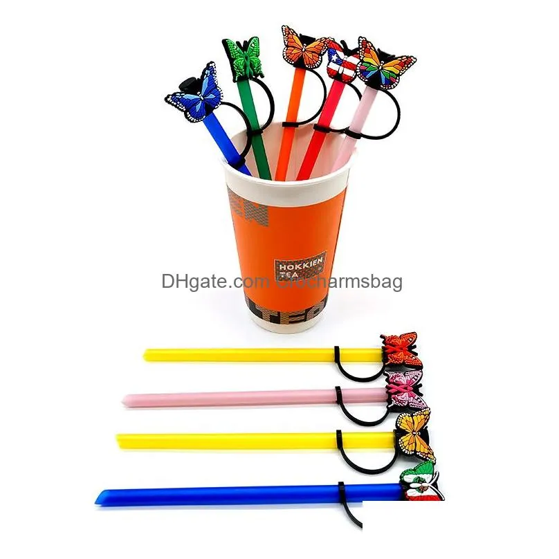 Butterfly pattern soft silicone straw toppers pvc accessories charms Reusable Splash Proof drinking dust plug decorative 8mm straw in tumbler cup party