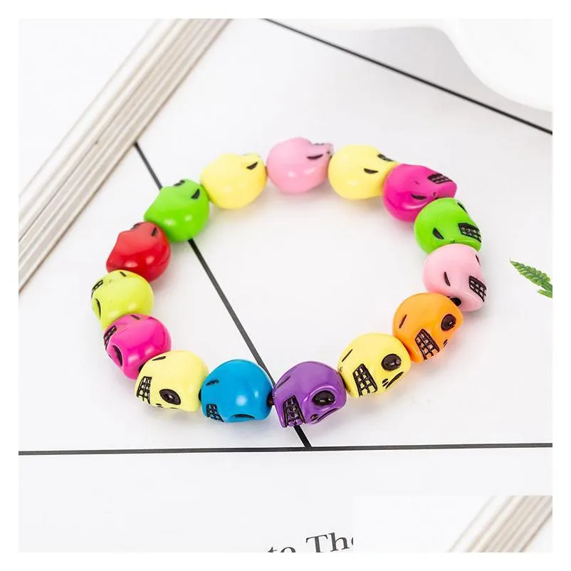 vintage handmade skull beads chains bracelets for women men colorful resin skeleton elasticity beaded bangle fashion diy jewelry in