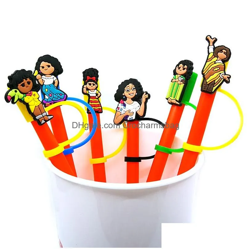 10pcs/set encanto cartoon straw toppers cover molds designer brand silicone charms Reusable Splash Proof drinking dust plug decorative 8mm straw