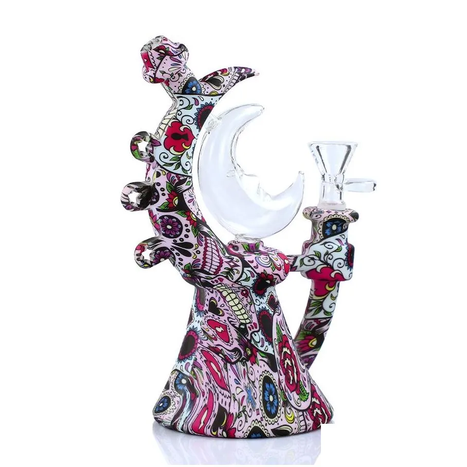 hookahs ordinary printed design moon dab rig bong smoking water pipe hookah bongs silicone pipes tobacco with glass bowl