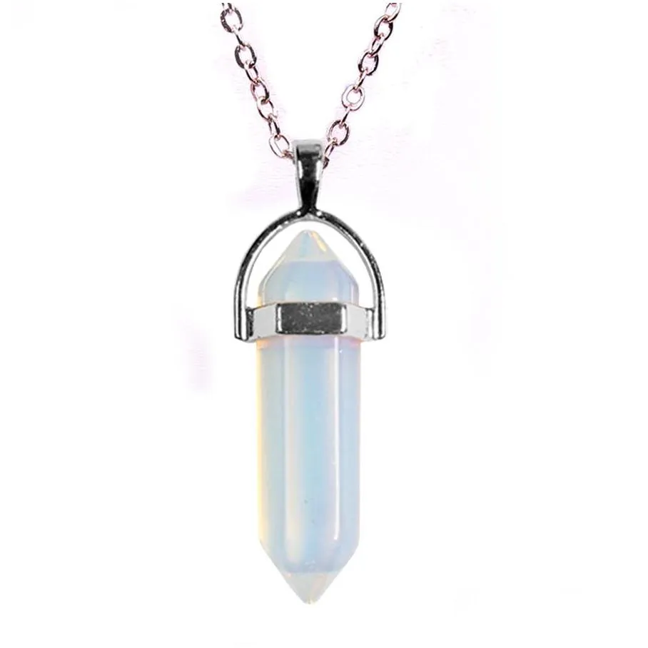 mix natural stone quartz bullet necklace hexagonal prism point healing opal turquoise tiger eye pendant chains for women jewelry in