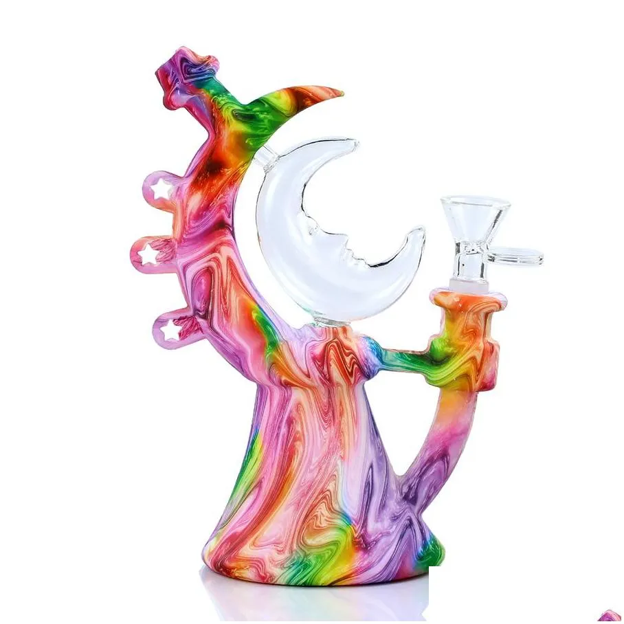 hookahs ordinary printed design moon dab rig bong smoking water pipe hookah bongs silicone pipes tobacco with glass bowl