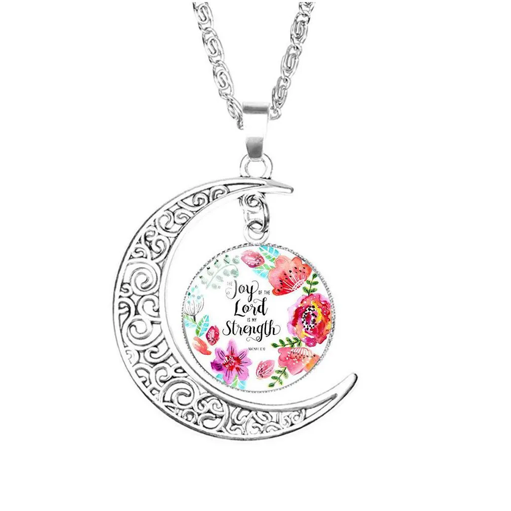 2019 christian bible verse moon necklaces for women catholic church scripture glass time gem cabochon pendant chains fashion jewelry