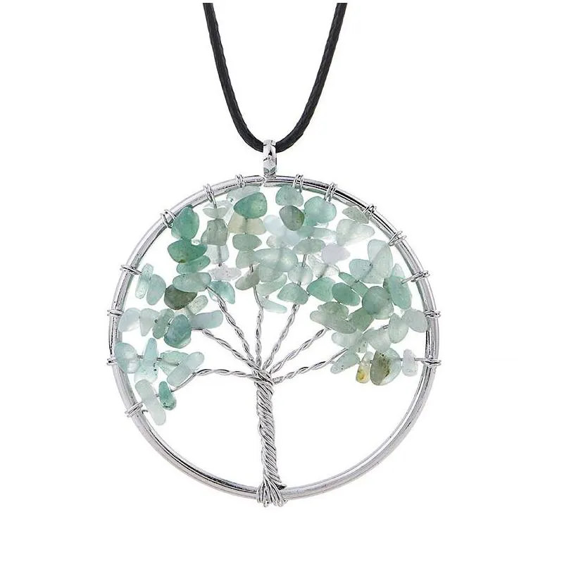 7 chakra tree of life pendant necklaces healing natural crystal gravel stone charm leather wax rope chain for women fashion jewelry