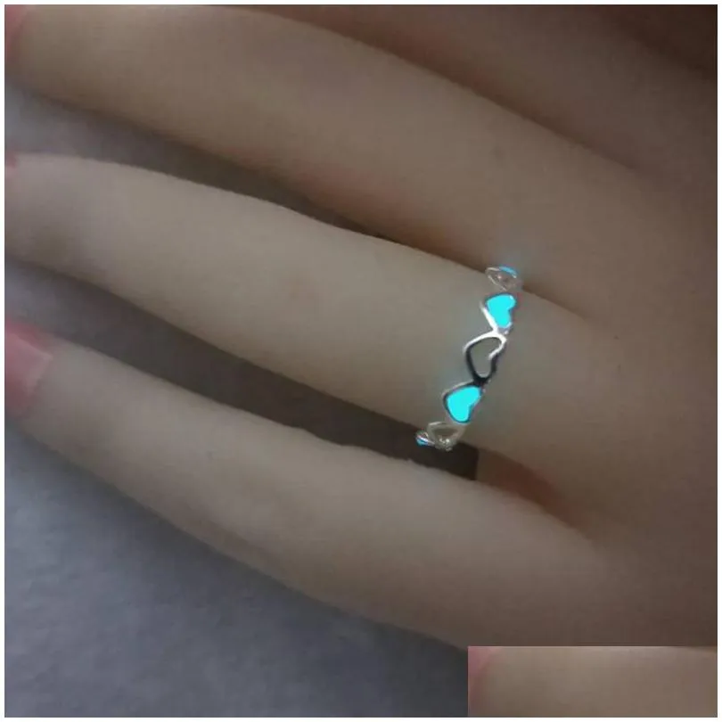 fashion fluorescent open ring for women 3 colors glow in the dark luminous heart cute ring female trendy party jewelry gift