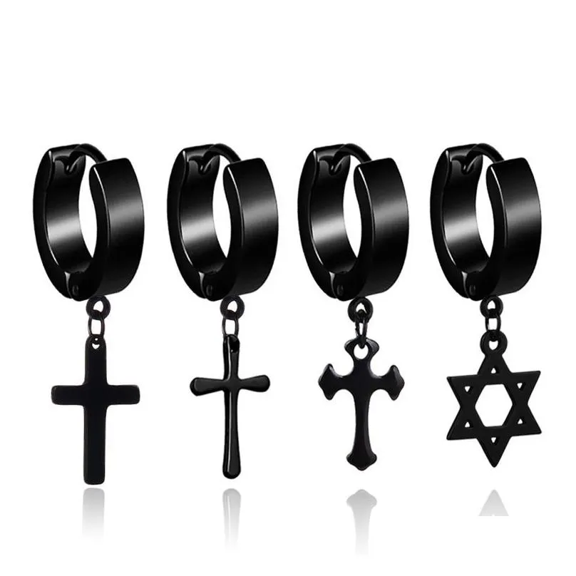 titanium steel cross star drop fake piercing punk earrings men hypoallergenic non-piercing clip on hoop ear rings for women fashion