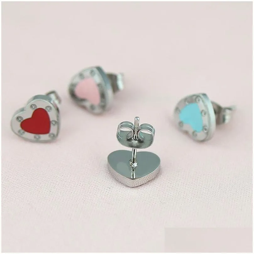 10mm heart earring stud women stainless steel couple earring red flannel bag jewelry wholesale 7 oclock blue green pink