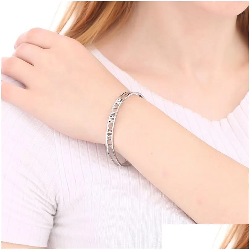 6mm stainless steel inspirational cuff bangle i love who i am hollow letter open bracelets for women personalized jewelry