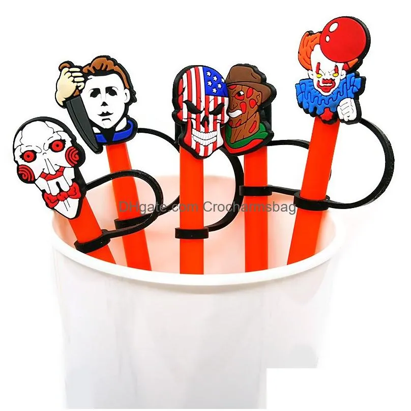 9pcs/set halloween horror straw toppers cover molds silicone charms for tumbers Reusable Splash Proof drinking dust plug decorative 8mm straw